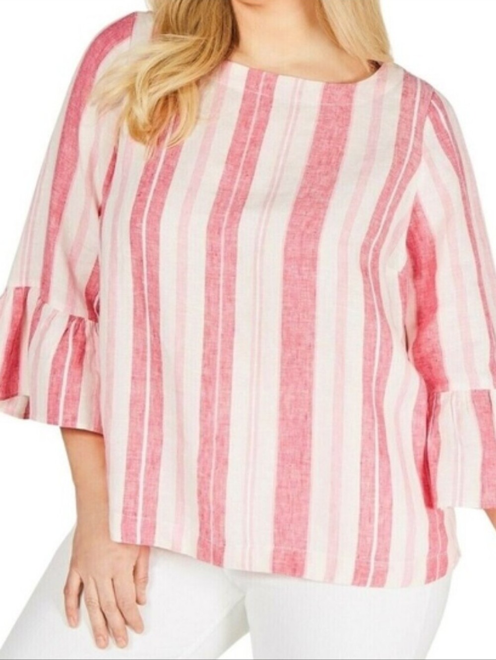 Charter Club 100% Linen Striped Bell-Sleeve Blouse Peru Pink Combo NWT Sz LG